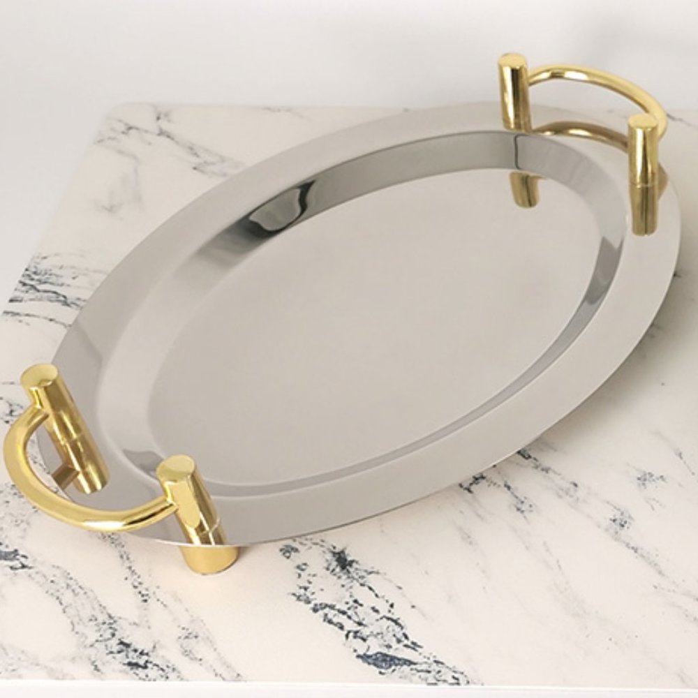 Stainless Steel Tray Oval Gold Handles